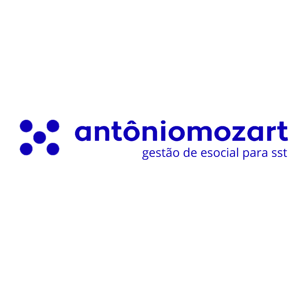 Logotipo azul com quatro pontos formando um quadrado, ao lado do texto “antôniomozart” em azul e “gestão de esocial para SST” em roxo.