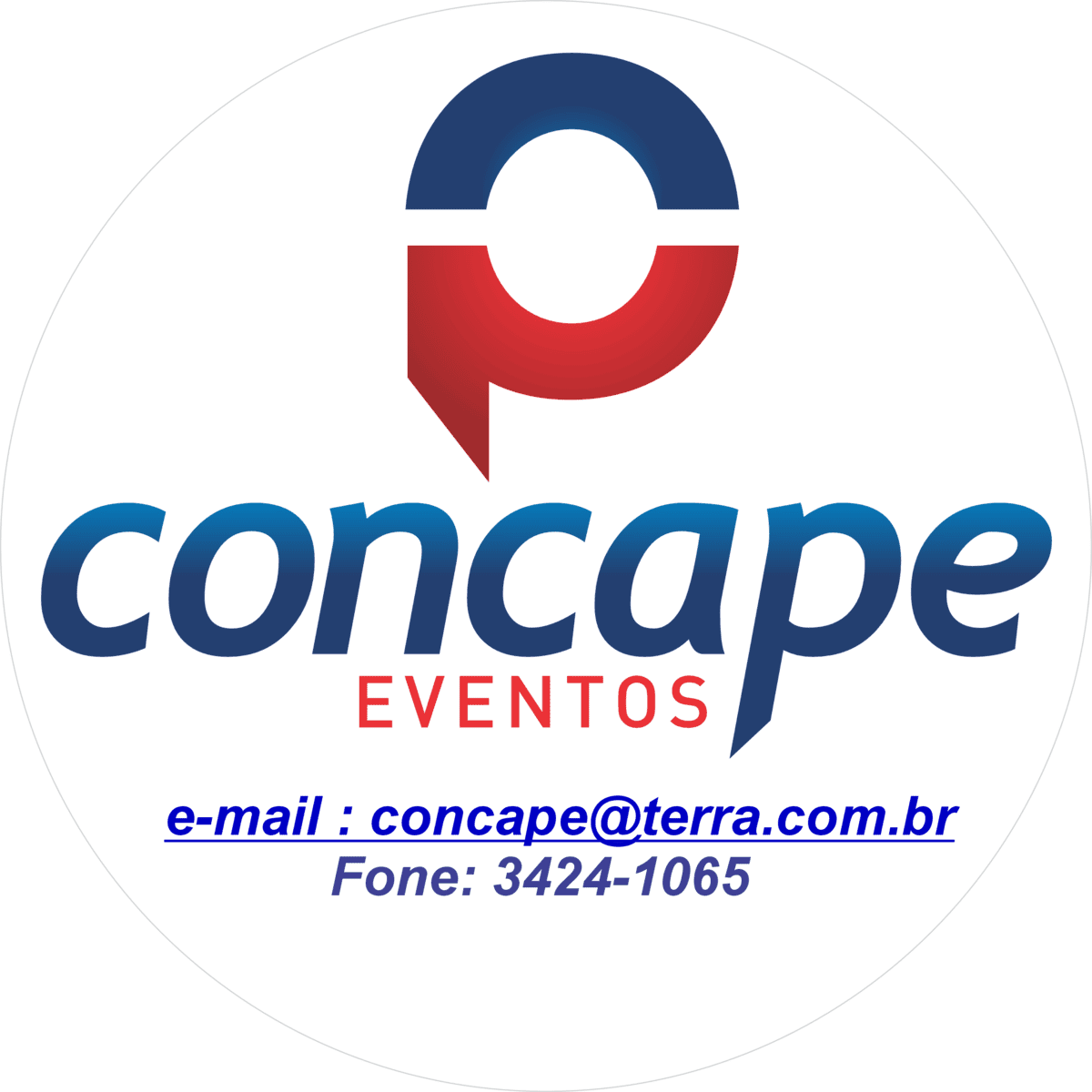 Logotipo para Concape Eventos, com design vermelho e azul. O texto inclui um e-mail concape@terra.com.br e número de telefone 3424-1065.