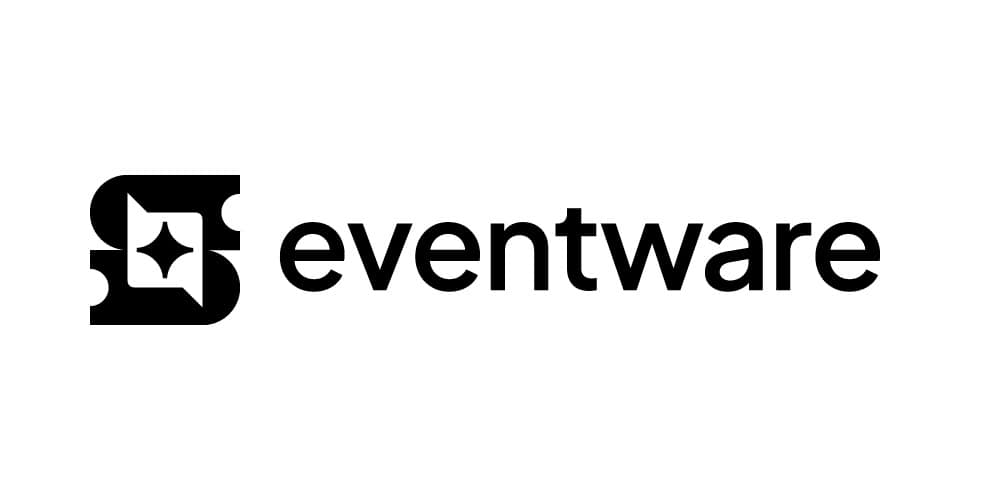 Logotipo preto e branco da Eventware com um ícone de ingresso estilizado com um recorte de estrela, ao lado da palavra minúscula "eventware" em fonte sans-serif em negrito.