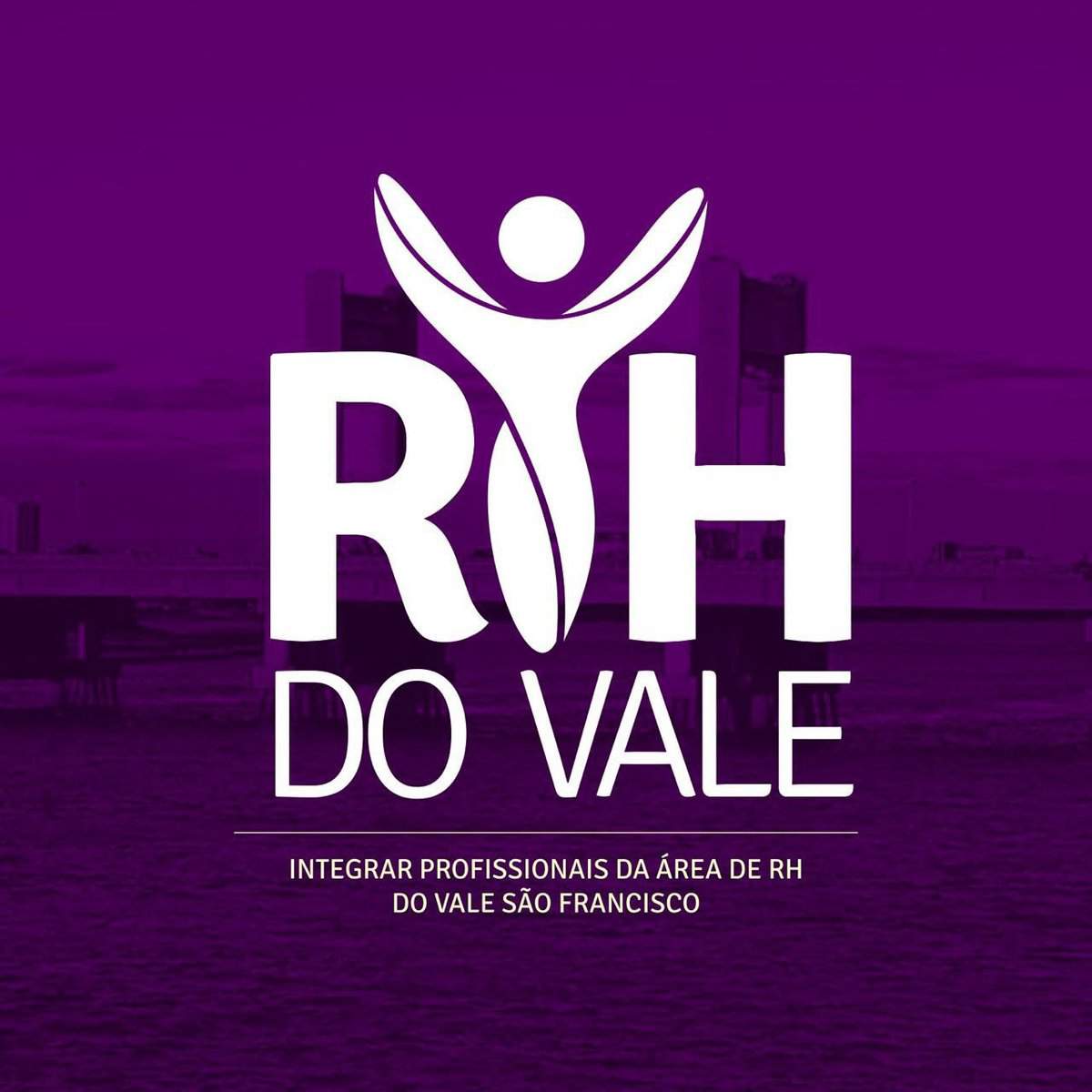 Logotipo da "RH do Vale" sobre fundo roxo com figura humana estilizada. Inclui texto: “Integrar profissionais da área de RH do Vale São Francisco.