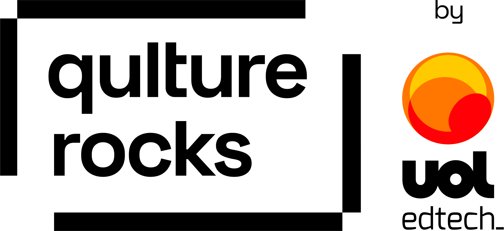 O texto em preto "qulture rocks" é emoldurado por linhas pretas. À direita, "by UOL edtech" está escrito ao lado de um logotipo circular amarelo-vermelho. O fundo é cinza claro.