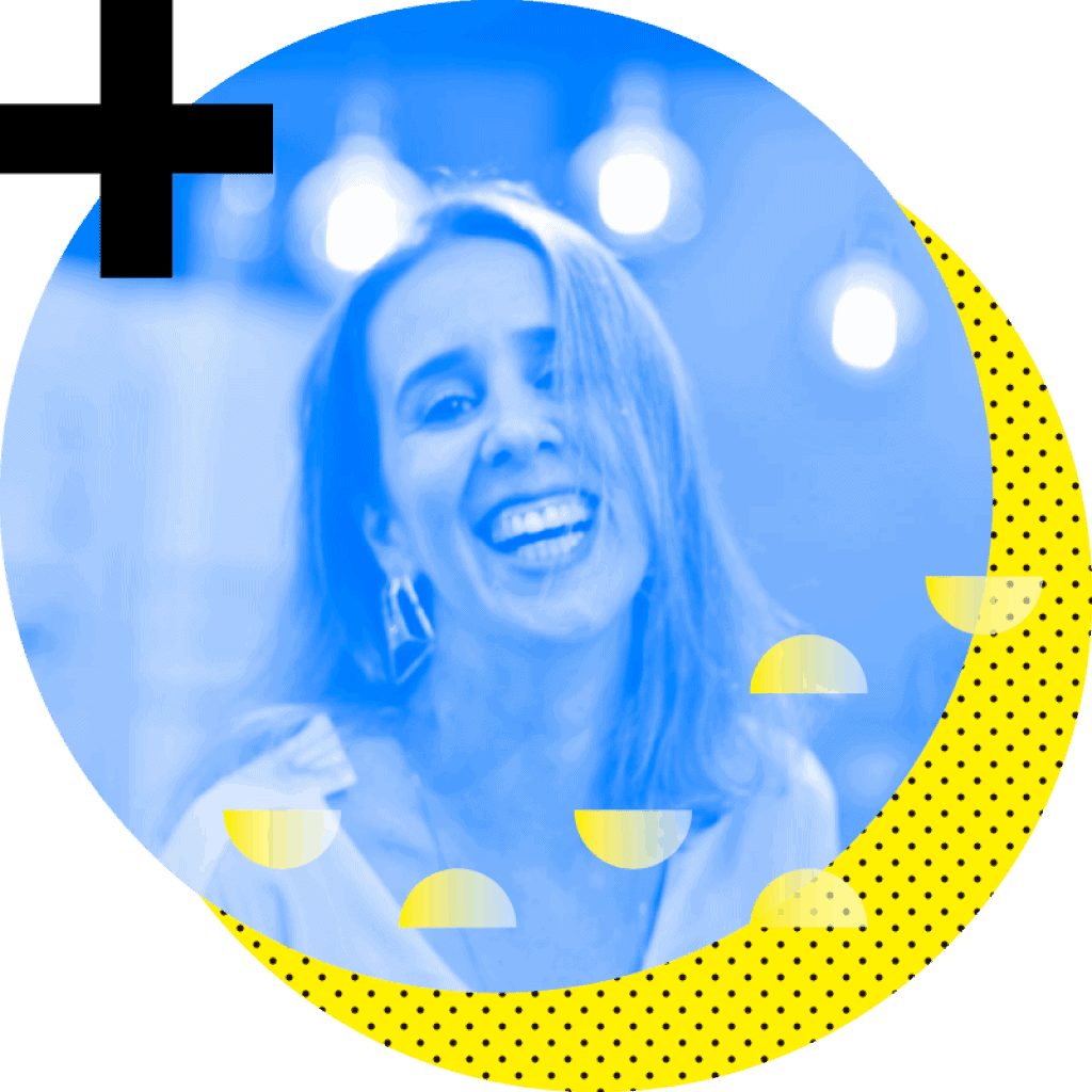 A imagem de uma mulher sorrindo na frente de um círculo amarelo.