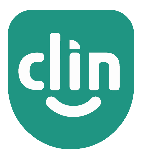 Logotipo em formato de escudo verde com a palavra "clin" em letras minúsculas brancas; o ponto do "i" forma um sorriso.