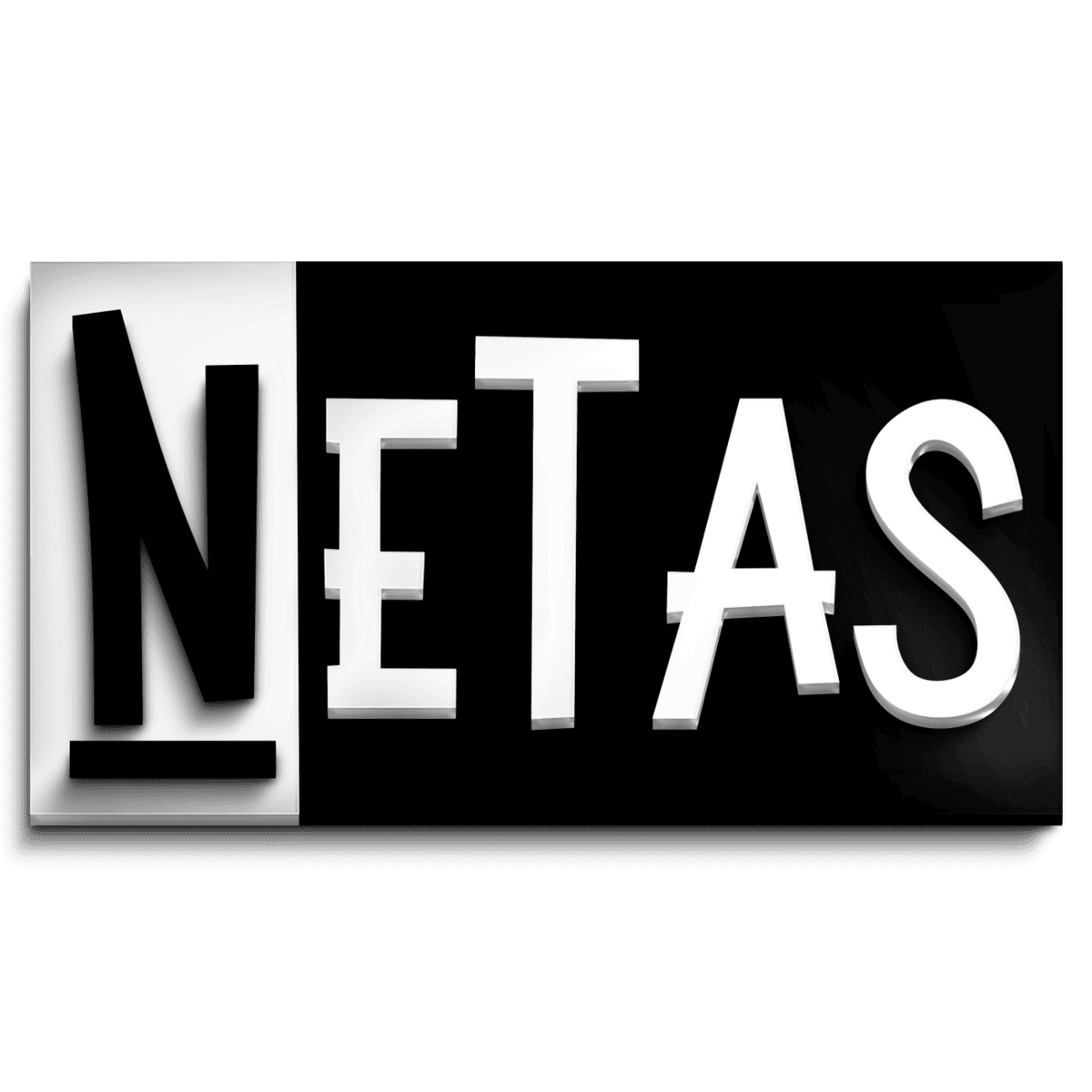 A imagem mostra a palavra "NETAS" em letras brancas e pretas em negrito e estilizadas em um fundo retangular preto e branco.