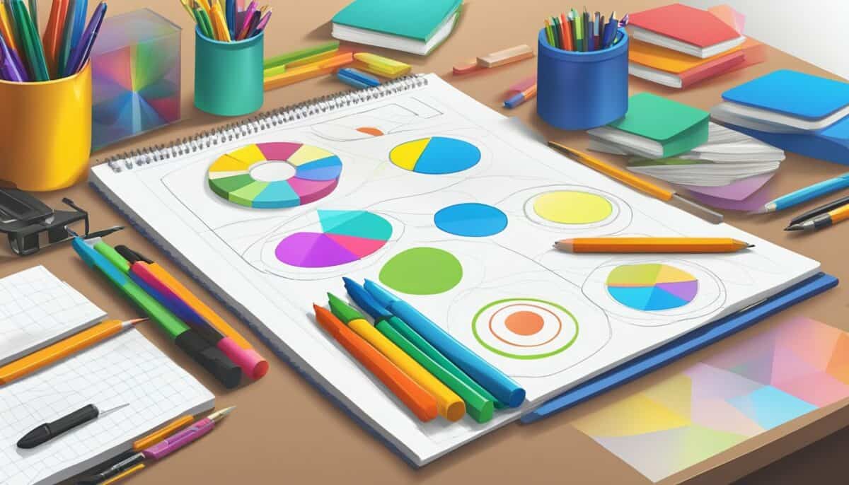 Uma mesa com lápis de cor, canetas, um caderno e um mapa mental.