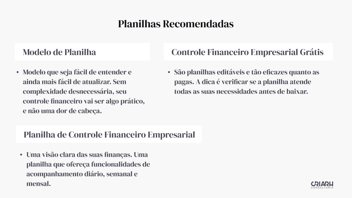 Planilha de planificações empresariais recomendadas.