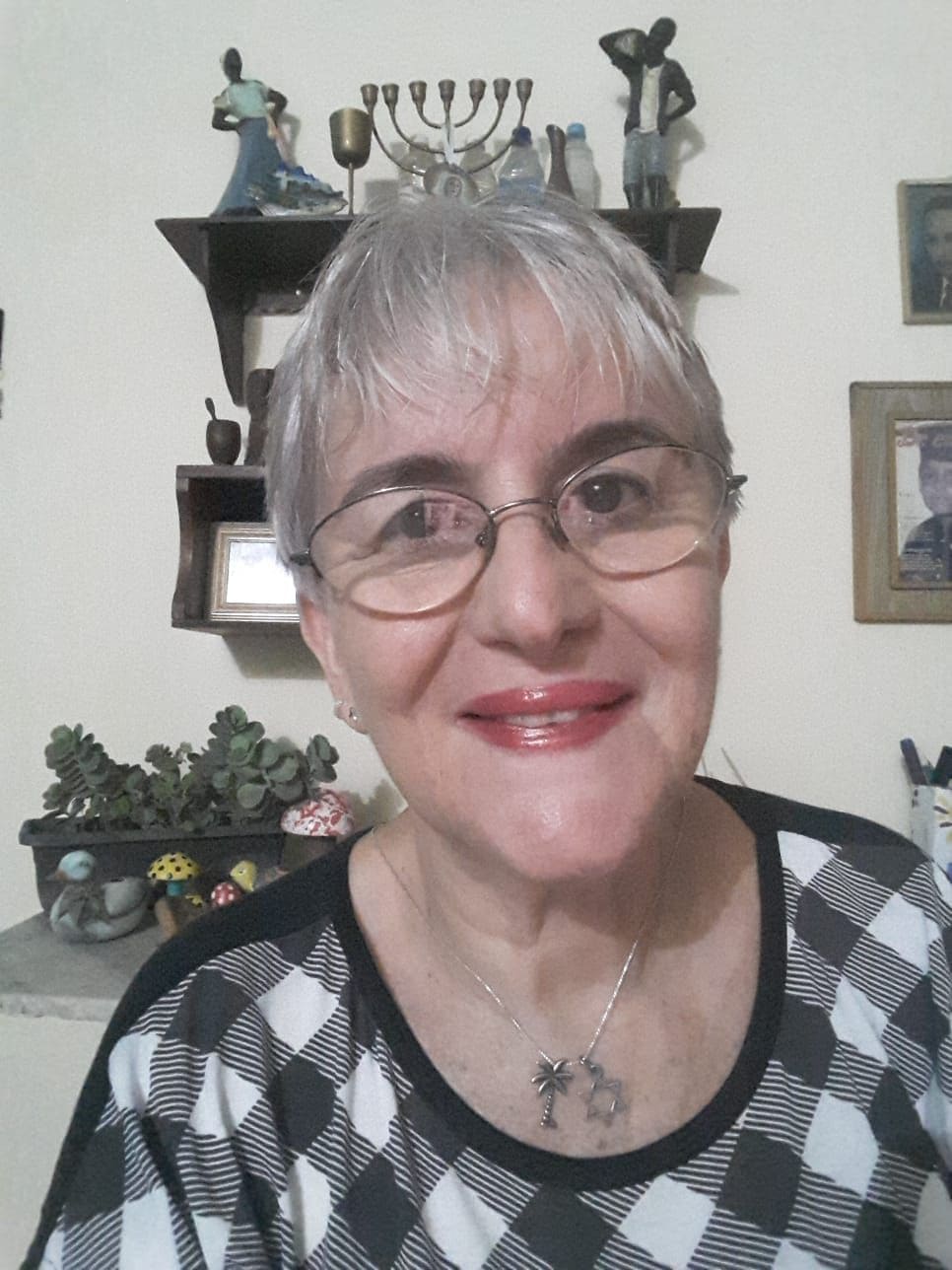 Pessoa sorridente com cabelos grisalhos curtos e óculos em frente a prateleiras que exibem suculentas, um menorá, estatuetas e fotos emolduradas.