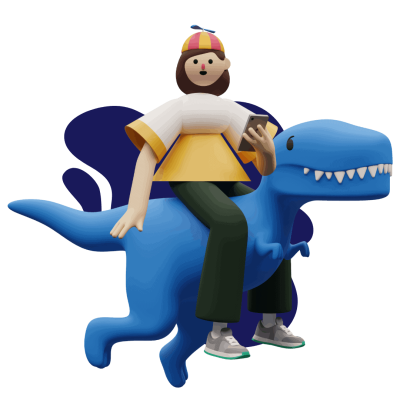 Um personagem de desenho animado montando um t-rex azul.