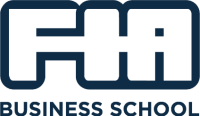 Logotipo da escola de negócios Ff sobre fundo azul escuro, enfatizando a tradição em inovação.